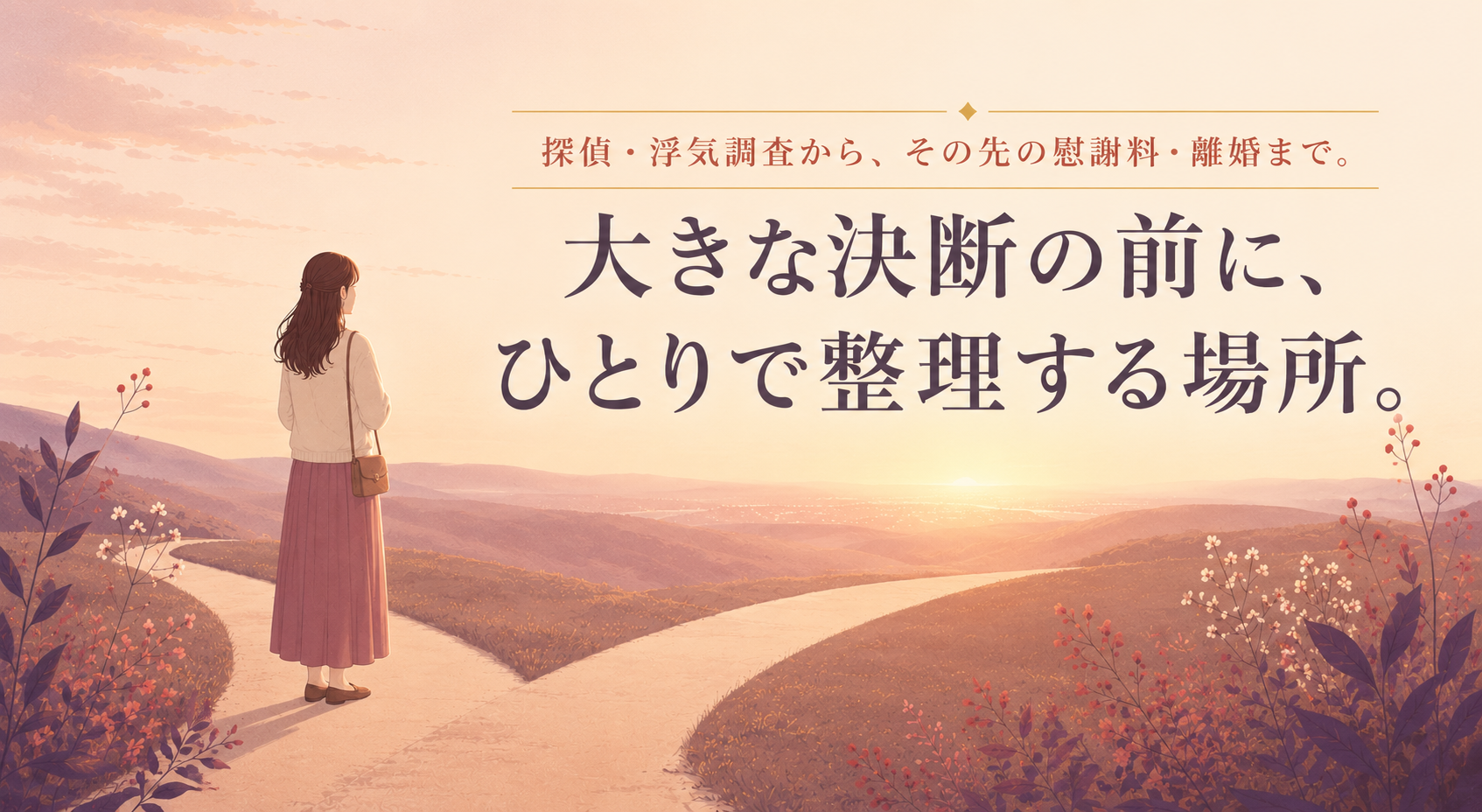 大きな決断の前に、ひとりで整理する場所。探偵・浮気調査から、その先の慰謝料・離婚まで。分かれ道に立つ女性のイラスト